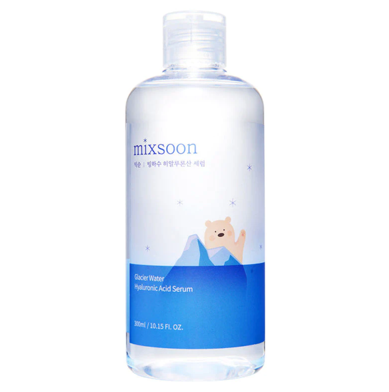 Mixsoon Glacier Water Hyaluronic Acid Serum bevat verfrissend gletsjerwater en drie soorten hyaluronzuur om het vochtgehalte in de huid aan te vullen