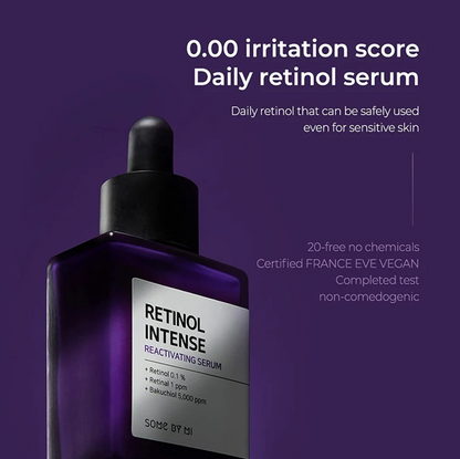 Some By Mi Retinol Intense Reactivating Serum is een anti-aging serum die de zichtbaarheid van rimpels en fijne lijntjes vermindert en de beschadigde huid herstelt. Dit serum is geformuleerd met Retinol, Retinal en Bakuchiol.