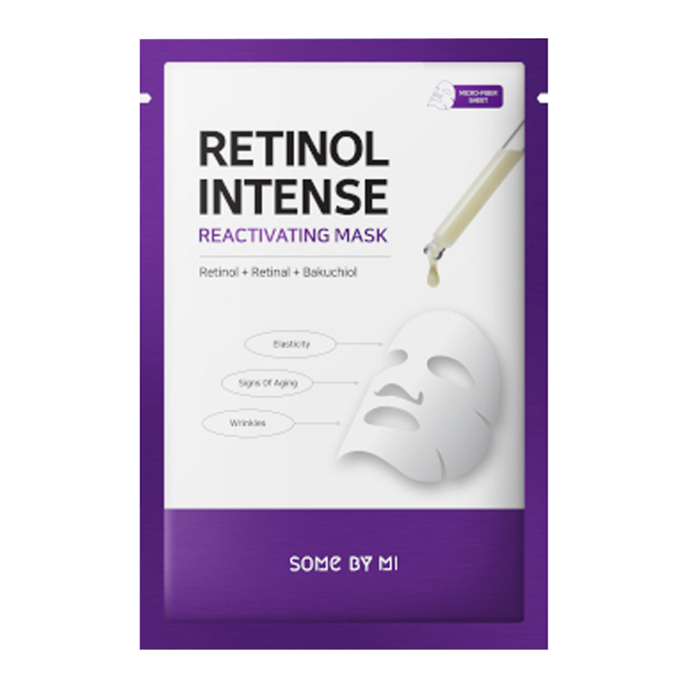 De Some By Mi Retinol Intense Reactivating Mask is een sheet masker dat is geformuleerd met Retinol, Retinal en Bakuchiol om tekenen van veroudering tegen te gaan door de elasticiteit van de huid te verbeteren zonder enige irritatie