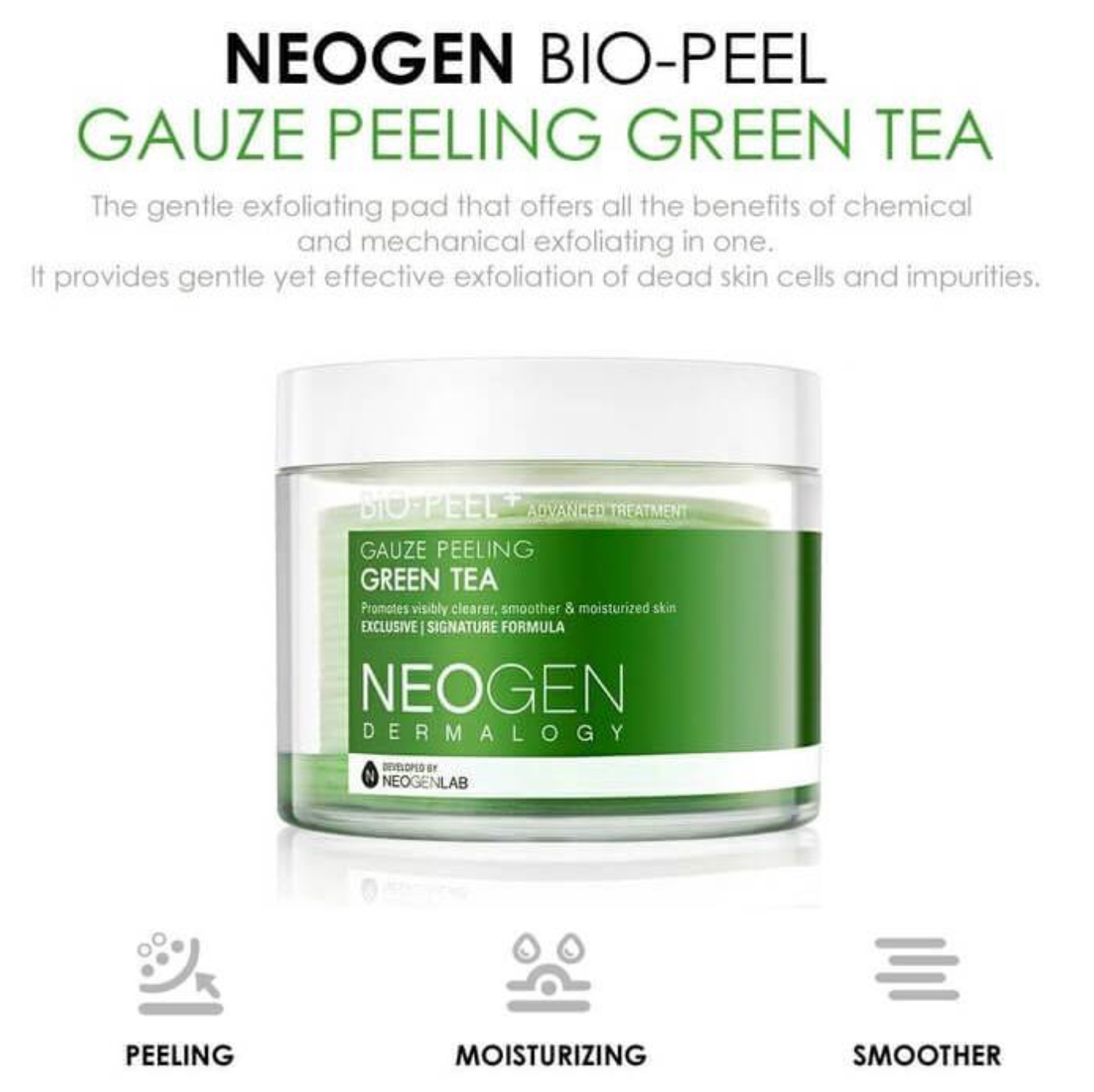 Neogen Dermalogy Bio-Peel Gauze Peeling Green Tea bevat 30 exfoliërende schijfjes die dode huidcellen verwijderen en onzuiverheden opklaren